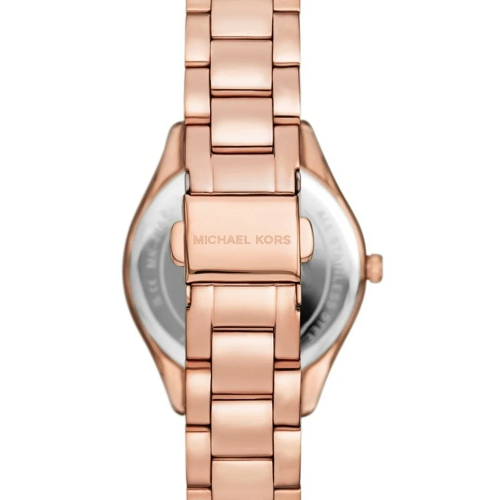 Michael Kors Lauryn Three-Hand Rose Gold Stainless Steel Watch Earring Necklace